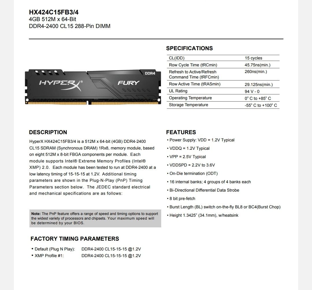Оперативная память HyperX 4 GB DDR4 2400 MHz Fury Black (HX424C15FB3/4