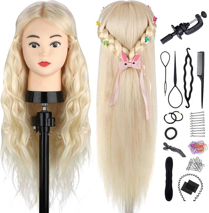 Cabeça de Manequim Top 70% Cabelo Real  com Suporte de Mesa+Acessórios