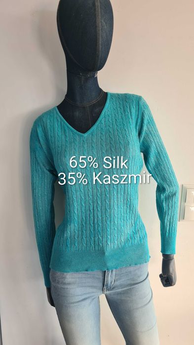 Turkusowy miętowy sweter cienki Kaszmir i Jedwab. Warkocz.  40 L