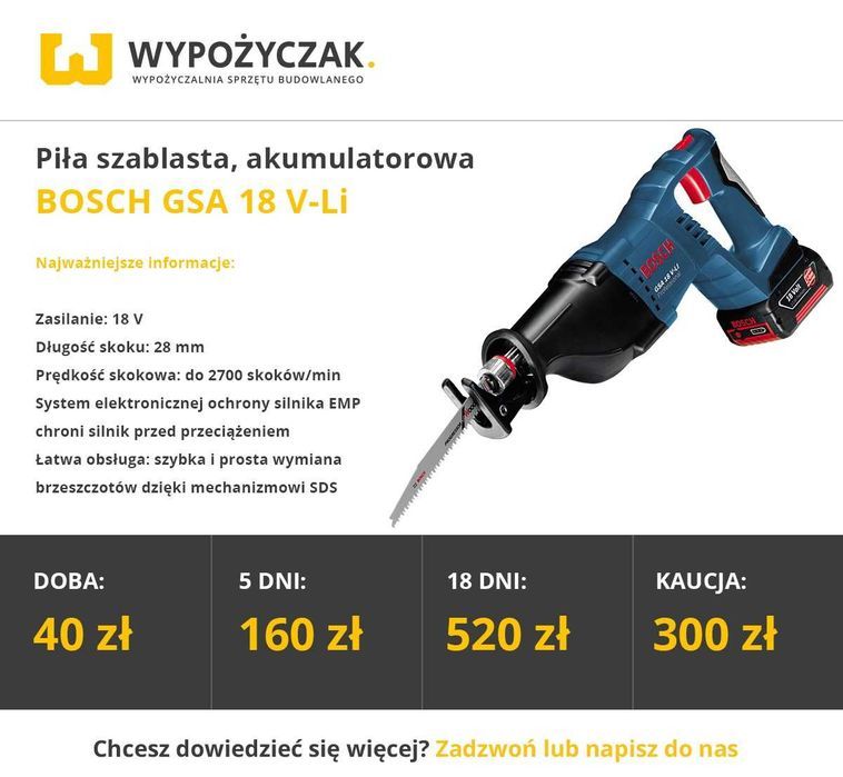Piła/pilarka spalinowa, ukośnica, zagłębiarka, wyrzynarka - WYNAJEM