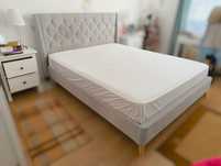 Cama casal 200x160 tecido cinzento claro pernas madeira