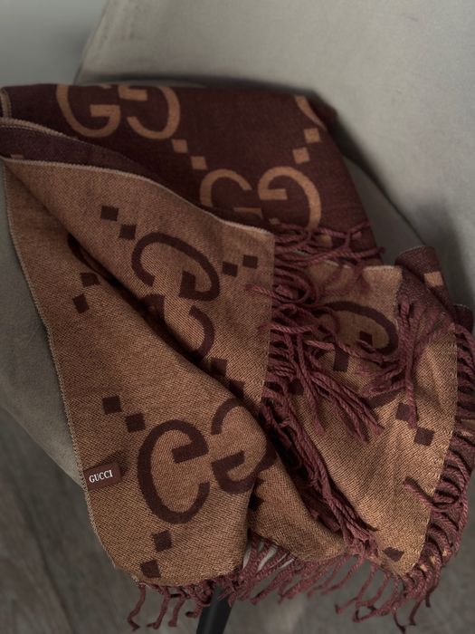Двосторонній палантин Gucci кашемір сірий коричневий молочний