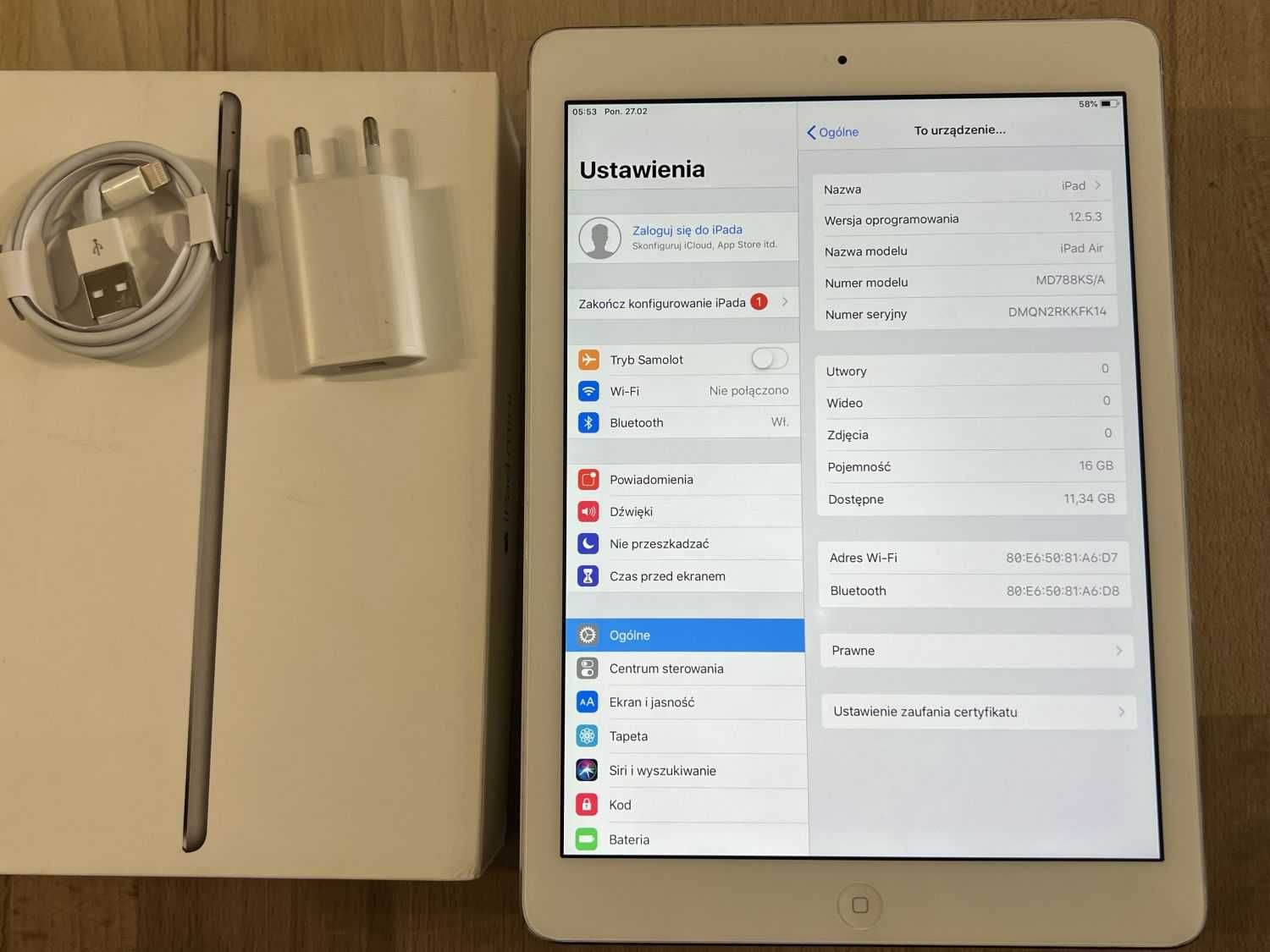 Tablet Apple iPad Air 16GB WIFI SILVER Srebrny Biały Gwarancja