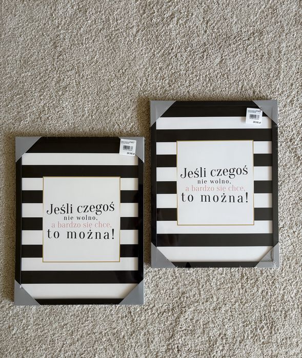 2 obrazy w paski z napisem 30x40 cm z czarną ramą