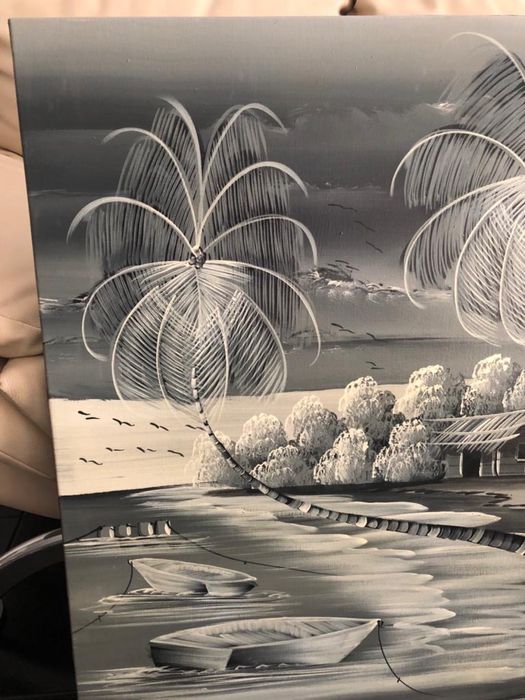 Quadro com pintura de praia e palmeiras