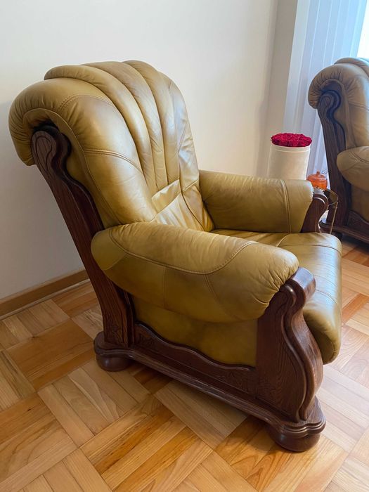 Zestaw wypoczynkowy skóra (1 + 2 +3) dąb + jasny brąz