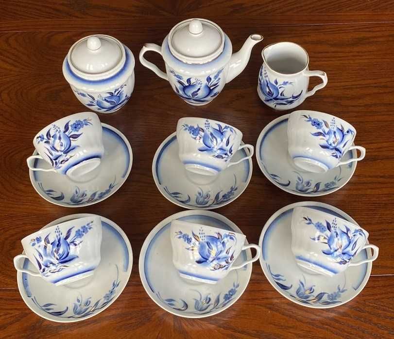 Сервиз чайный "Голубой цветок" 15 предметов позолота Барановка