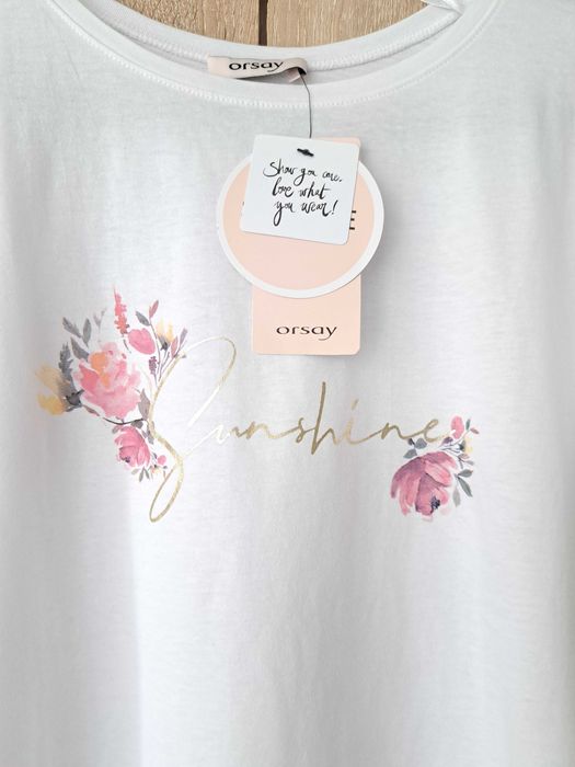 Orsay T-shirt biała koszulka nowa r. S, złoty napis kwiaty