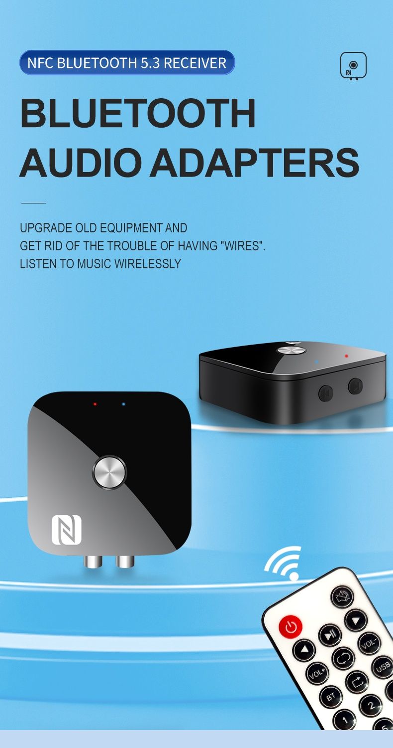 Bluetooth 5.3 аудио приемник.AUX,RCA, пульт,NFC.Ресивер стерео,usb,акб