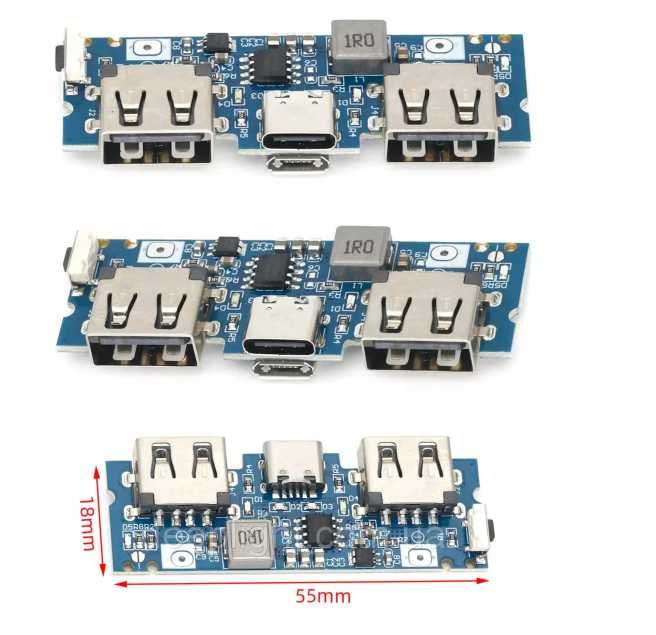 Плата повербанка Type C и micro USB на входе, 2 выхода - USB 5V 1-2.4A