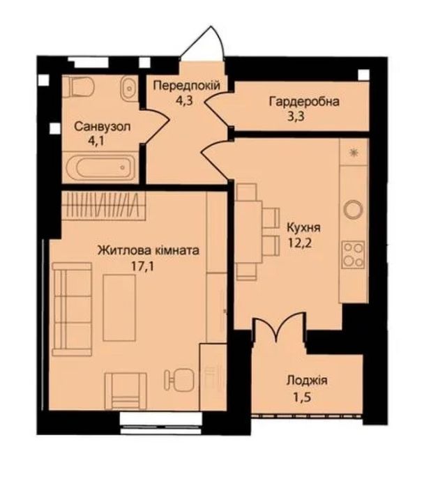 ЖК Мюллер Хаус, 1-кімн. квартира 42.5 кв.м. Петропавлівська Борщагівка