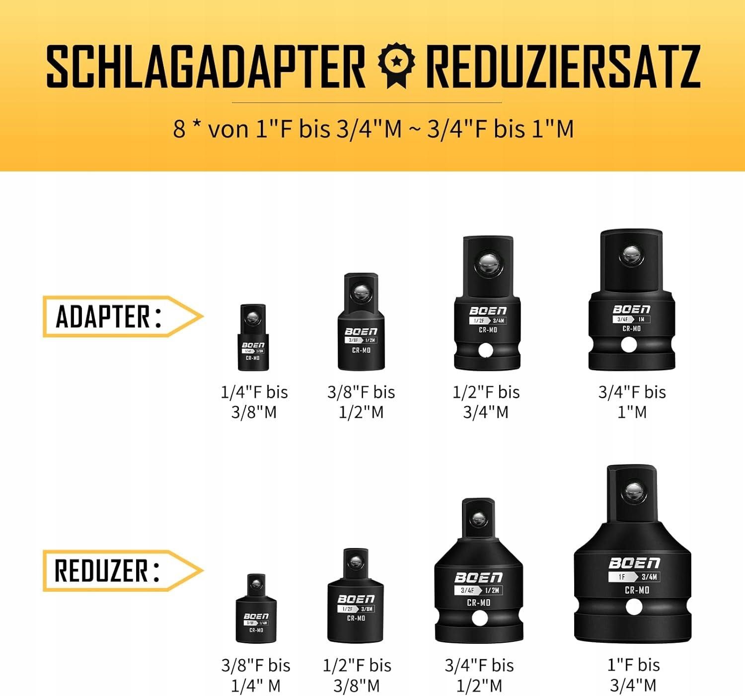 8-częściowy zestaw adapterów udarowych, 1/4 cala 3/8 cala 1/2 cala 3/4