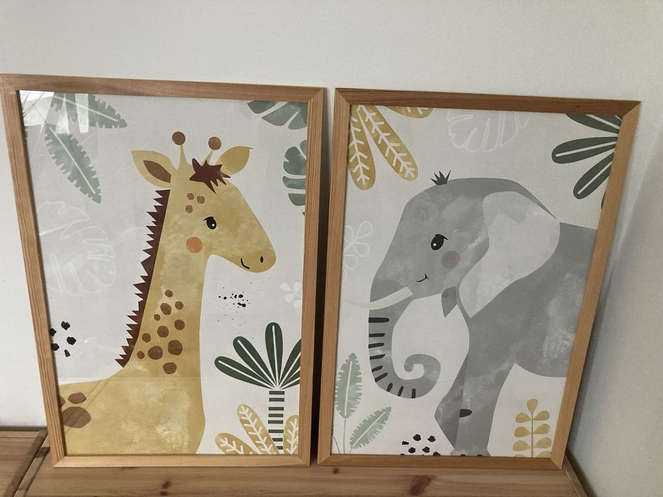 Plakat dla dziecka żyrafa, słoń, napis CEZARY