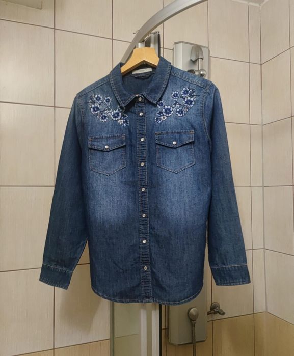 bluza koszula dżinsowa George jeansowa damska L z haftowanymi kwiatami
