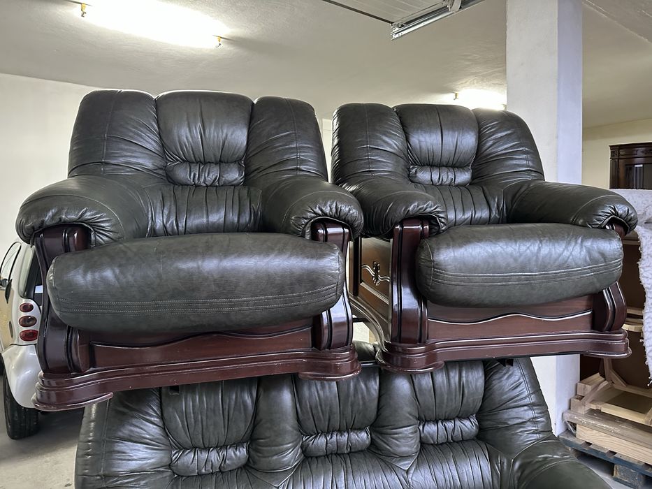 Conjunto 3 sofas madeira maçiça e pele natural