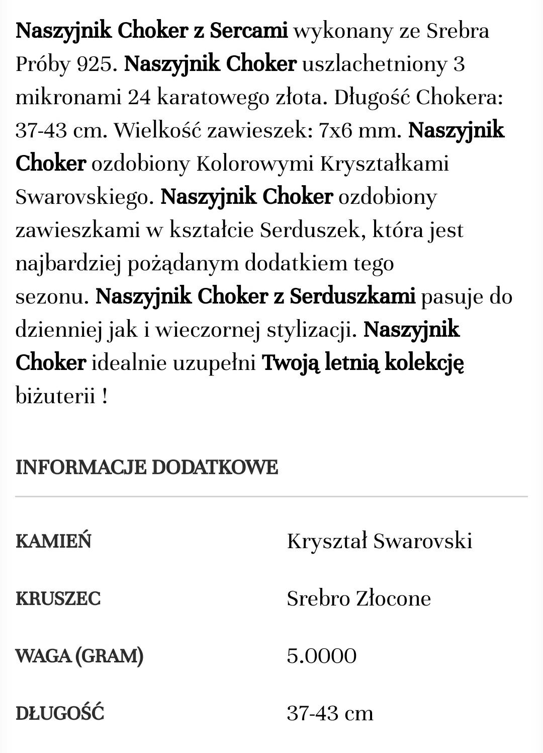 Łańcuszek złoty choker z kryształkami i serduszkami beryl