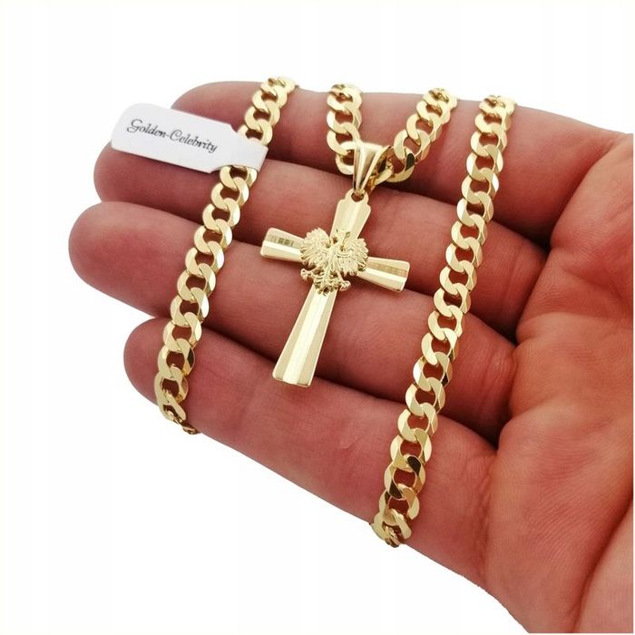 Złoty Łańcuszek Męski Z Krzyżykiem 585, 925 Długi Naszyjnik Dla Dziadk