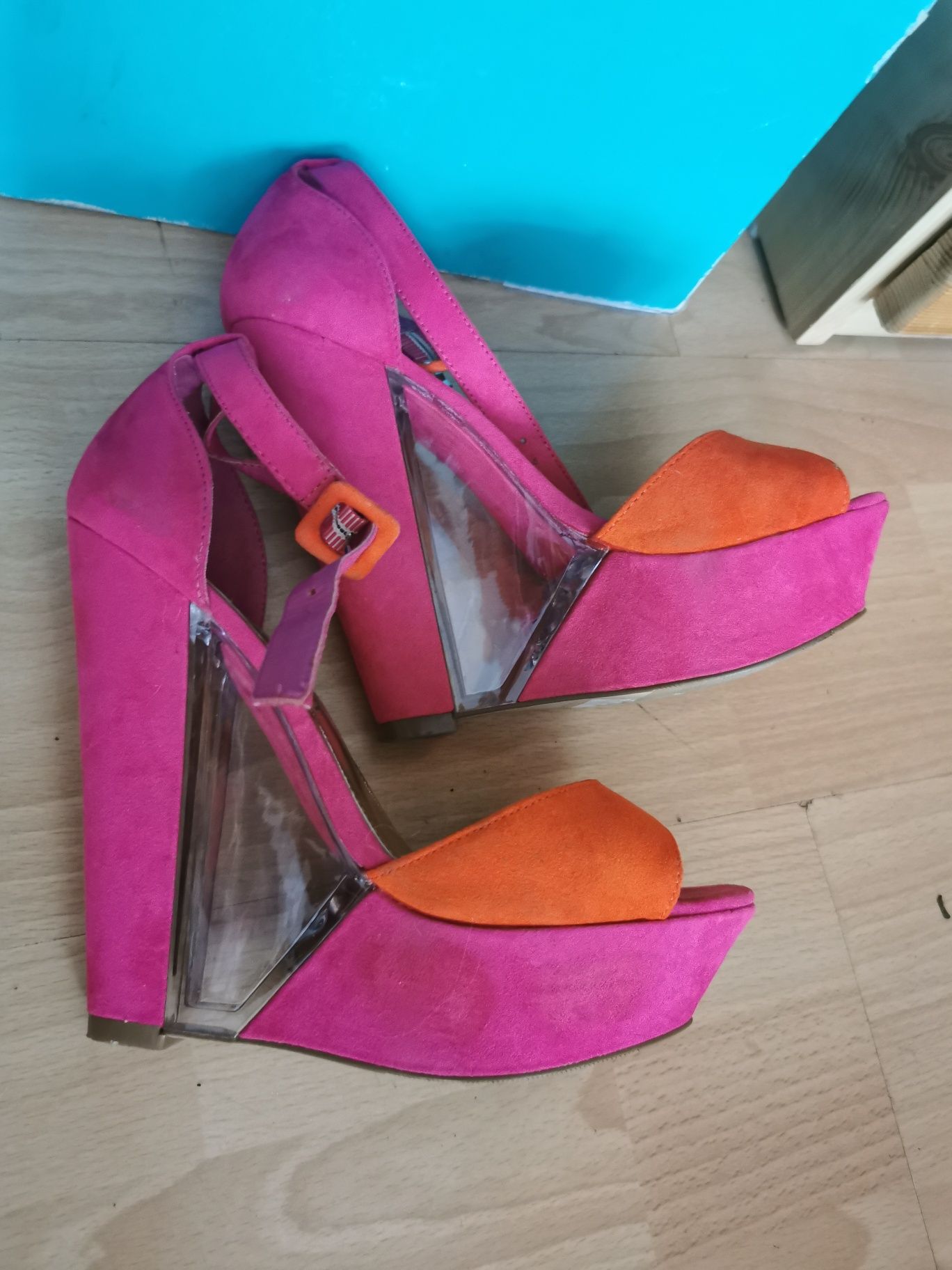 Różowe pomarańczowe platformy sandały damskie buty neonowe centro 38