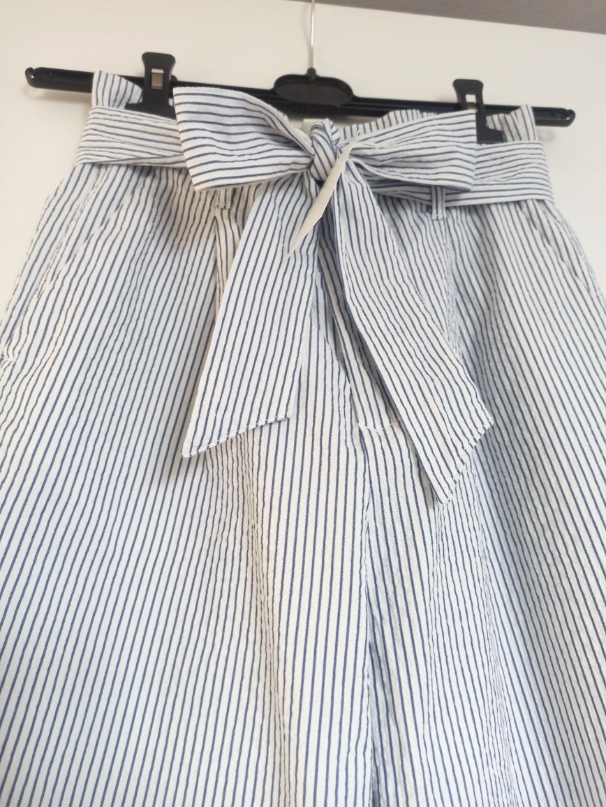 H&M spodnie bawełniane w paski z wysokim stanem wiązane S