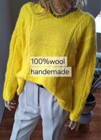 kanarkowy, żółty sweterek handmade wełna alpaka rozmiar M