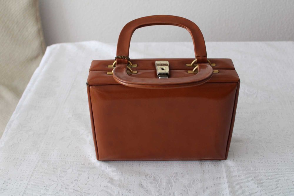 Mala pele genuína, formato mini mala de viagem, castanho envernizado