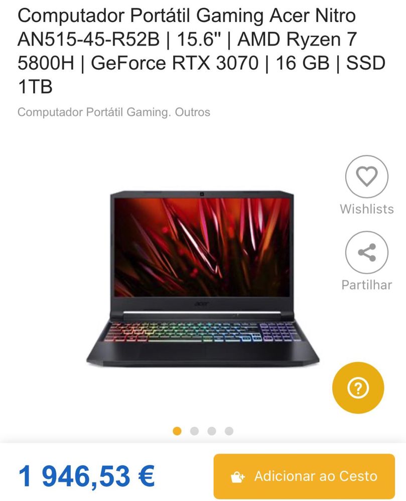 Portátil 32gb RAM com gráfica RTX 3070 - Notebook