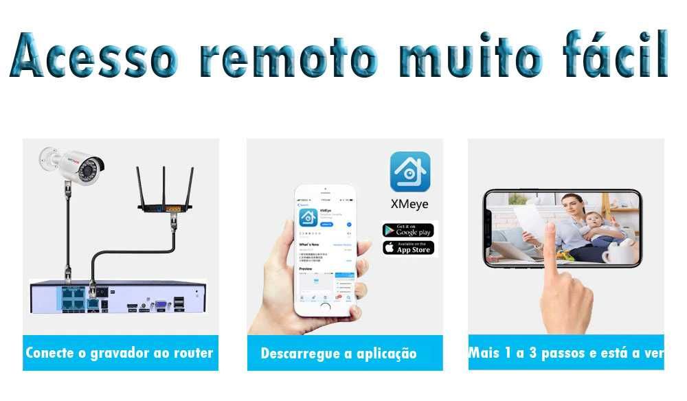 KIT sistema video vigilancia 8 cameras IP POE 8MP 4K ver no telemovel