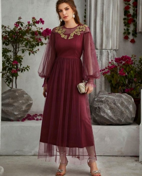 Elegancka sukienka długa burgundowa tiul róże wesele L