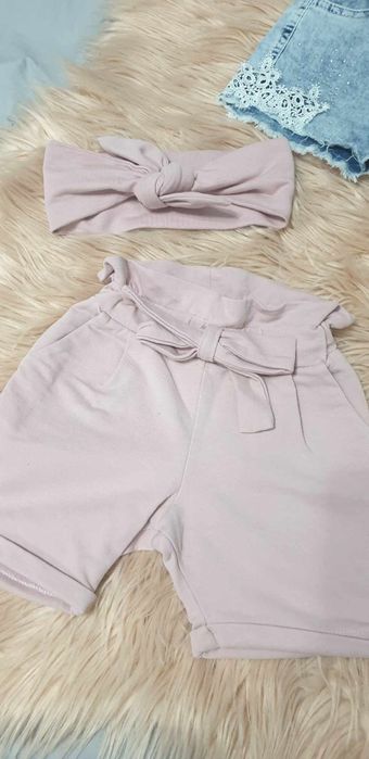 Krótkie Spodenki + opaska pin-up lato jeans, różowe roz.92