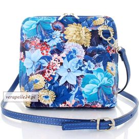 Niebieska włoska skórzana torebka w kwiaty - listonoszka Vera Pelle!