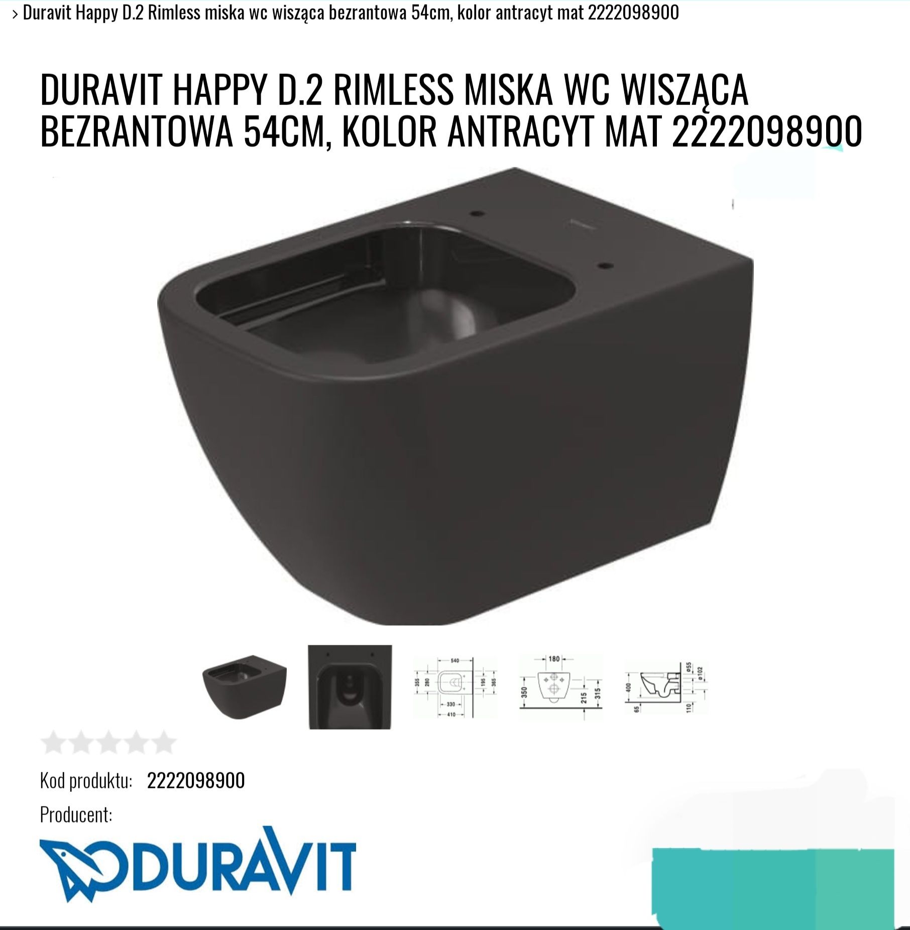 Duravit Happy D.2 Rimles miska WC wisząca
BEZRANTOWA 54CM. KOLOR ANTR