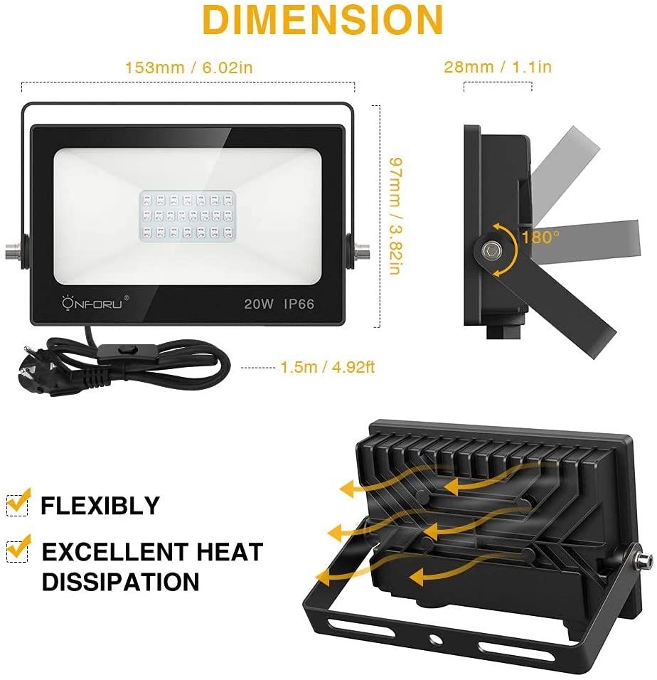 Onforu 20W LED Czarny reflektor przeciwpowodziowy FG99 do wtyczki UE