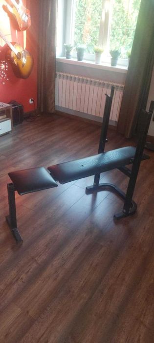 Ławka do ćwiczeń + zestaw obciążeń, gryfów i zacisków
