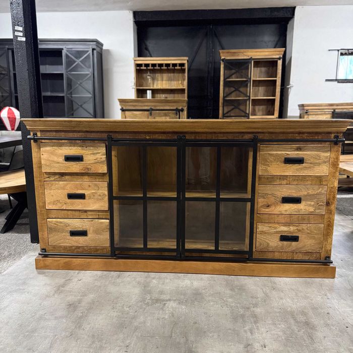 Duża masywna drewniana komoda z szyba/witryna mango 190cm ZAPRASZAM