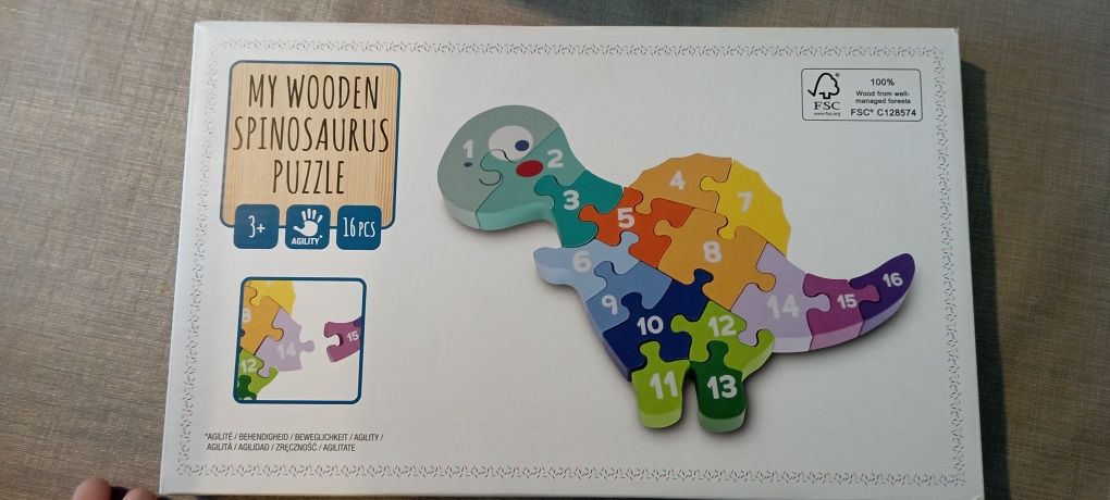 NOWE puzzle drewniane, nauka liczb do 16, puzzle dinozaur