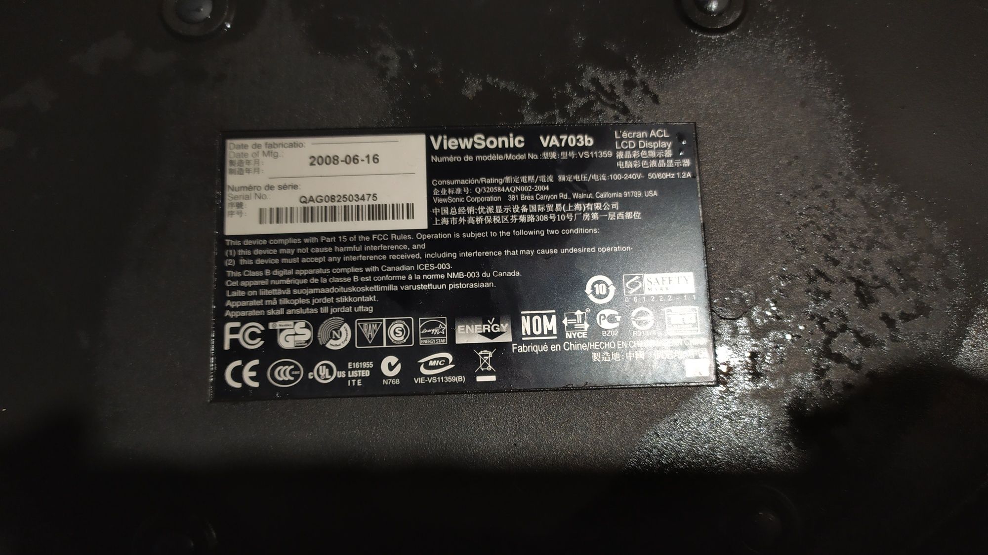 Монiтор ViewSonic VA703B-3 на запчастини не рабочий
Model Number VS113