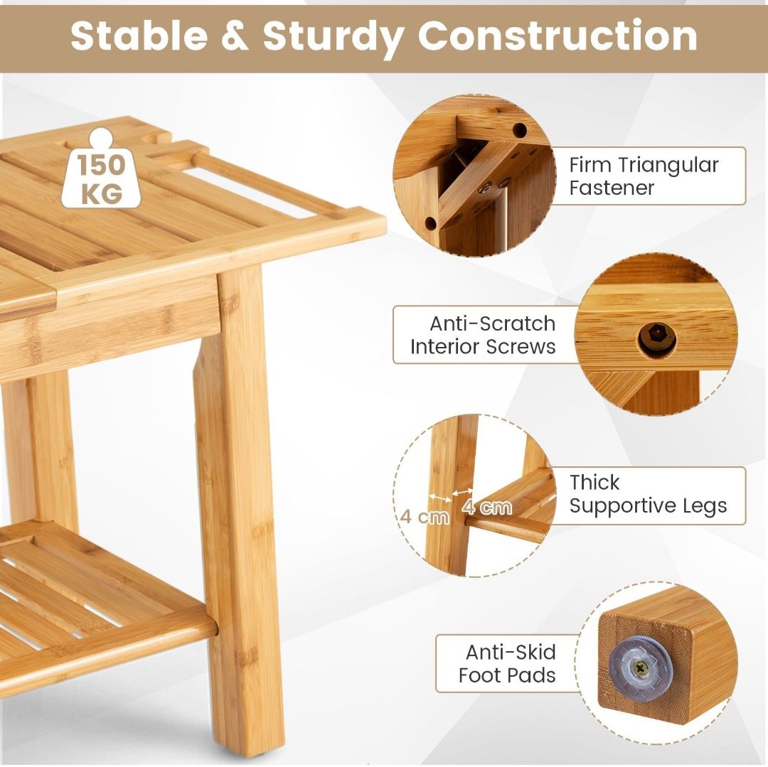Bambusowa ławka prysznicowa z półką do przechowywania