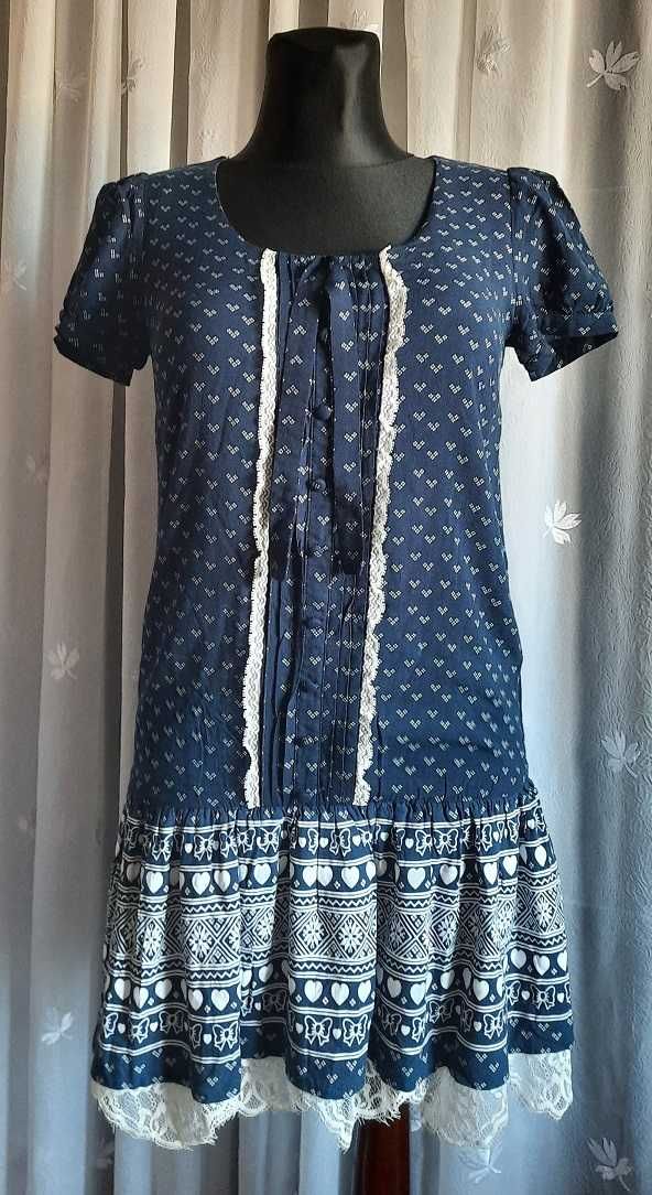 Boho ideał 100% Wiskoza Cudna sukienka koronki print granat biała S XS