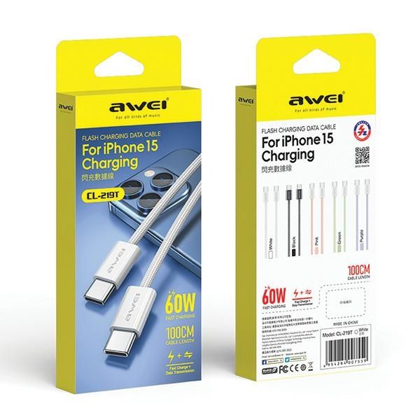 AWEI kabel CL-219T USB-C na USB-C60W biały/white iPhone 15