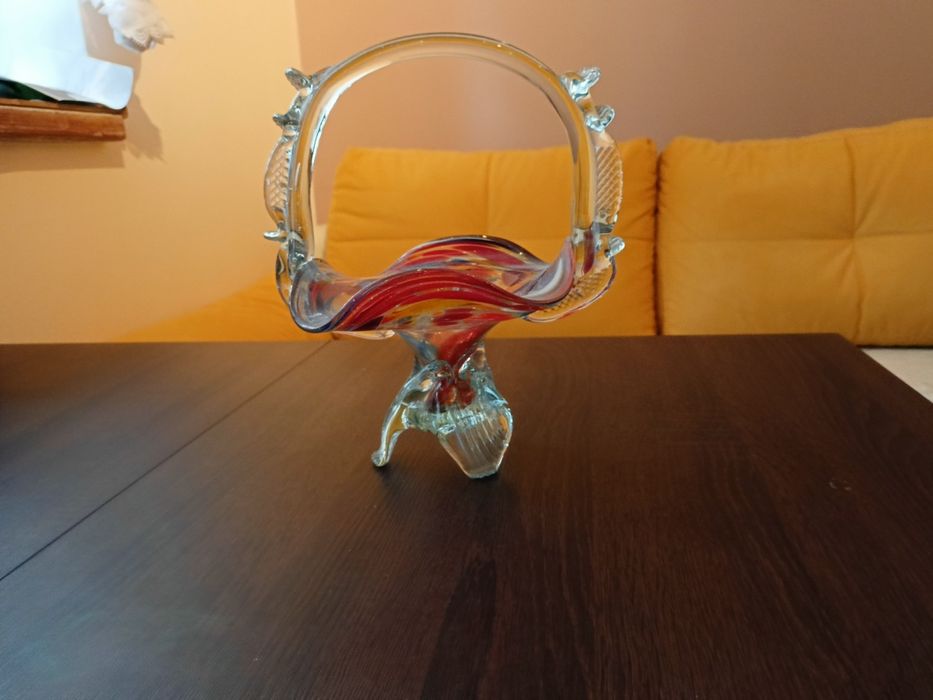 Kolorowy szklany koszyk PRL