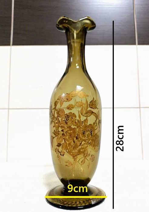 Rara jarra antiga em vidro fumado pintura floral à mão