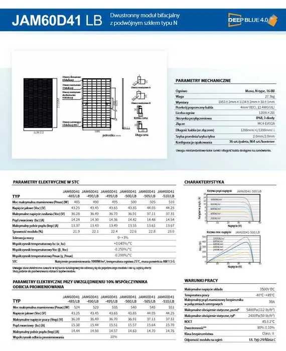 Moduł fotowoltaiczny JA SOLAR 500W JAM60D41 Full Black N-Type bifacial