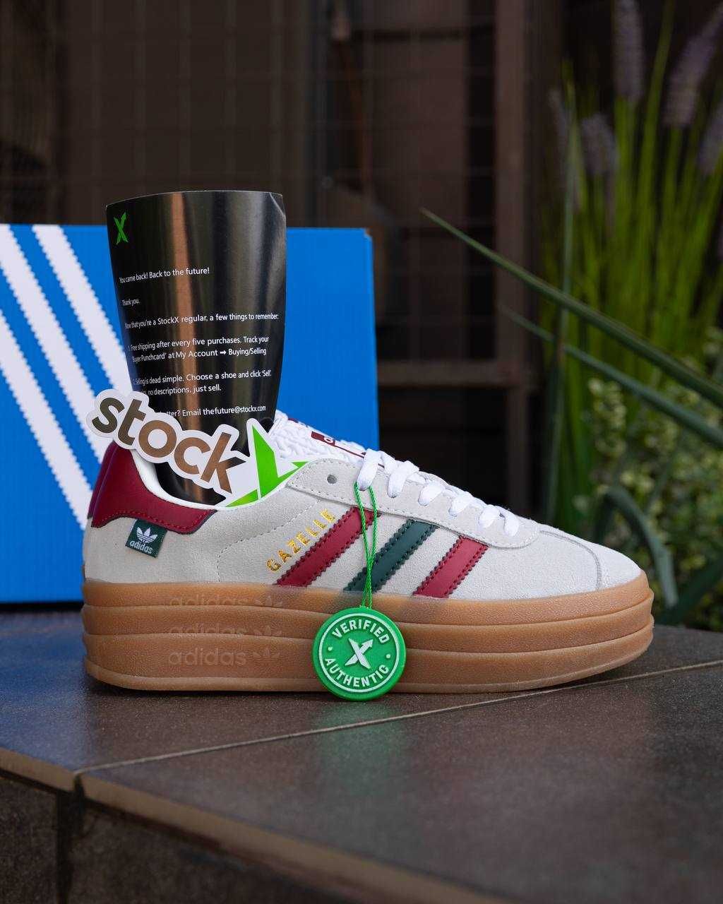 Жіночі кросівки Adidas Gazelle Bold сірий з зеленим червоним AD086 ТОП