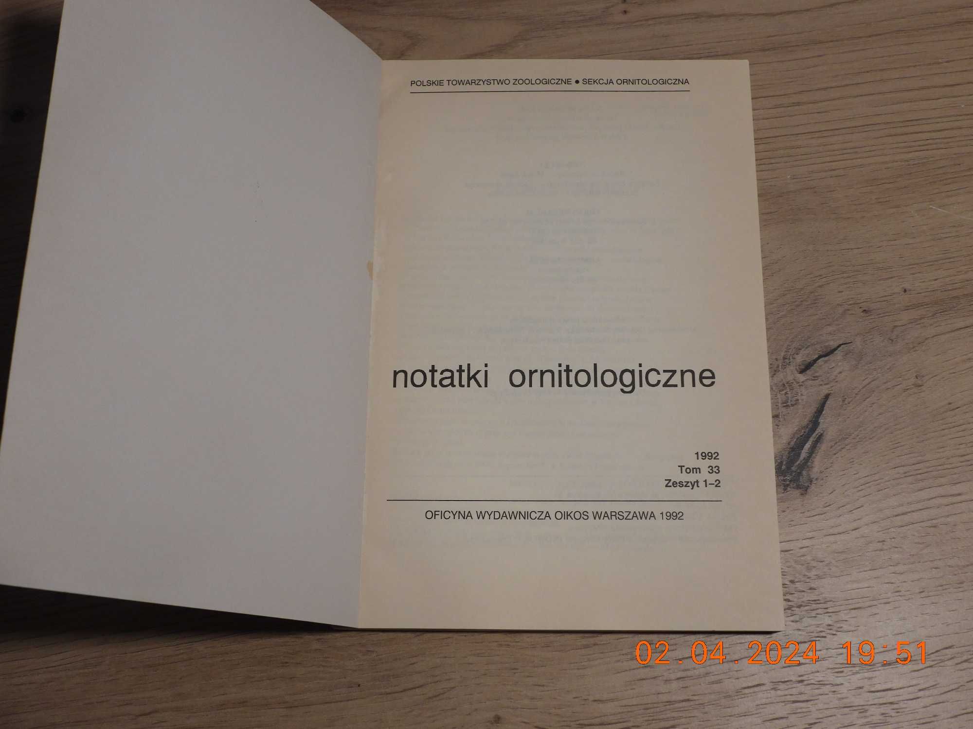 Notatki Ornitologiczne -Tom 33,  zeszyt 1-2 , 1992