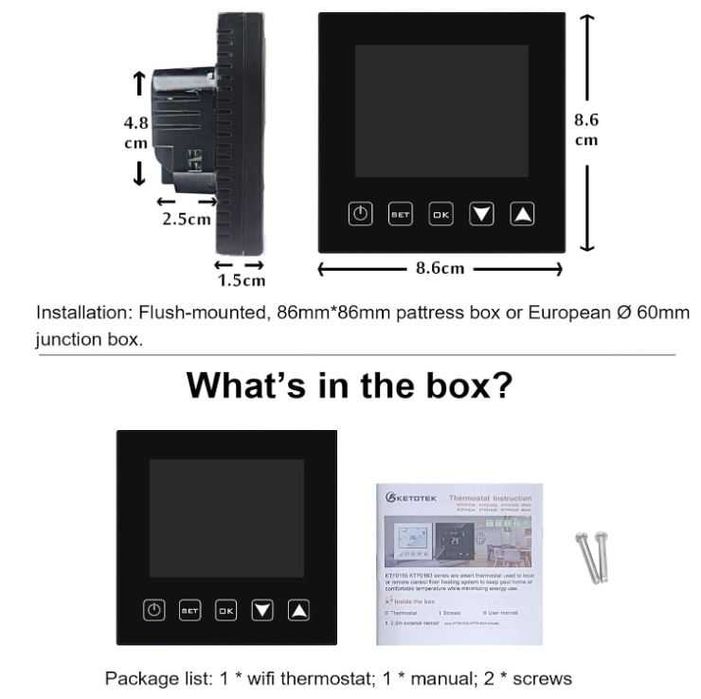 Termostat Wifi KETOTEK KTF0163B, wodne ogrzewanie podłogowe, czarny