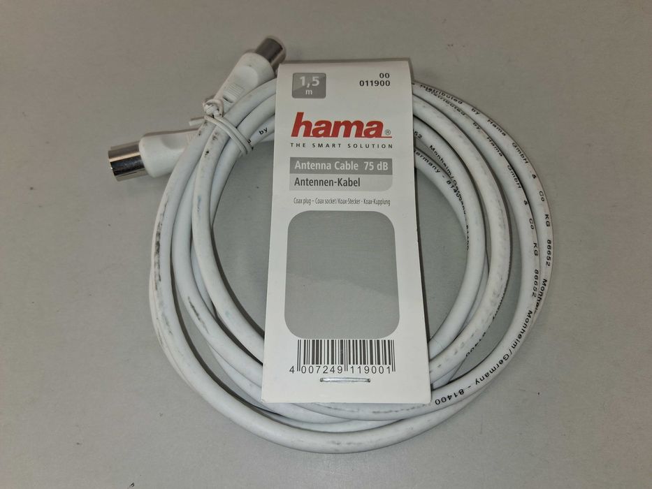 N077 Kabel Antenowy TV Hama 1,5m IEC M/F Biały 75 dB