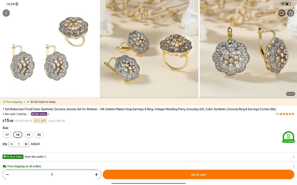 Позолота 14 карат белая/желтая, ювелирная бижутерия серьгии кольцо 18р