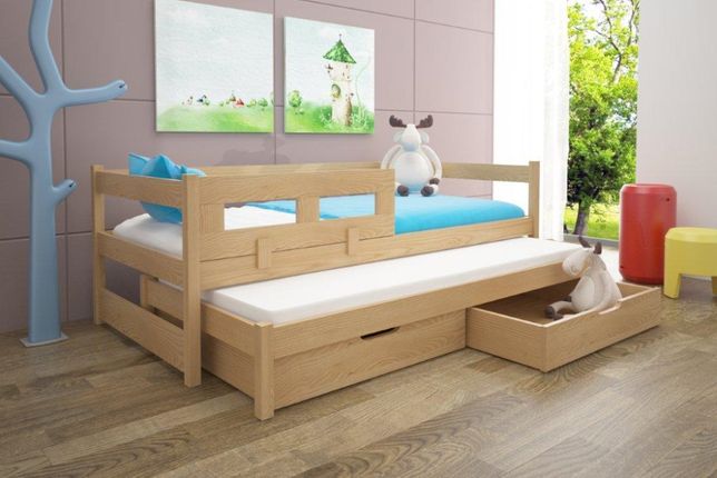 Nowe sosnowe łóżko dwu osobowe TOMMY- wysuwane spanie
