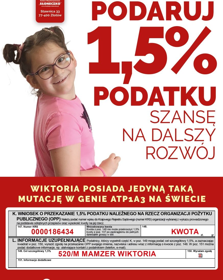 Twoje 1,5% podatku dla Wiktorii - jedynej na świecie