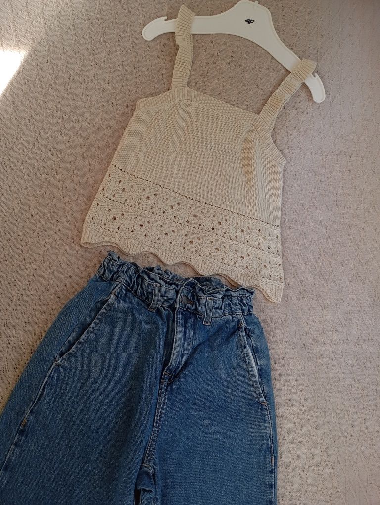 ZARA jeansy typu paperbag o kroju baggy i nowy  top crochet